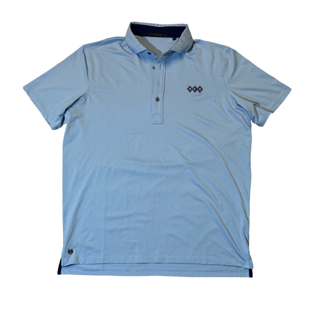 Greyson mens L Large light blue solid spread collar golf polo shirt EUC